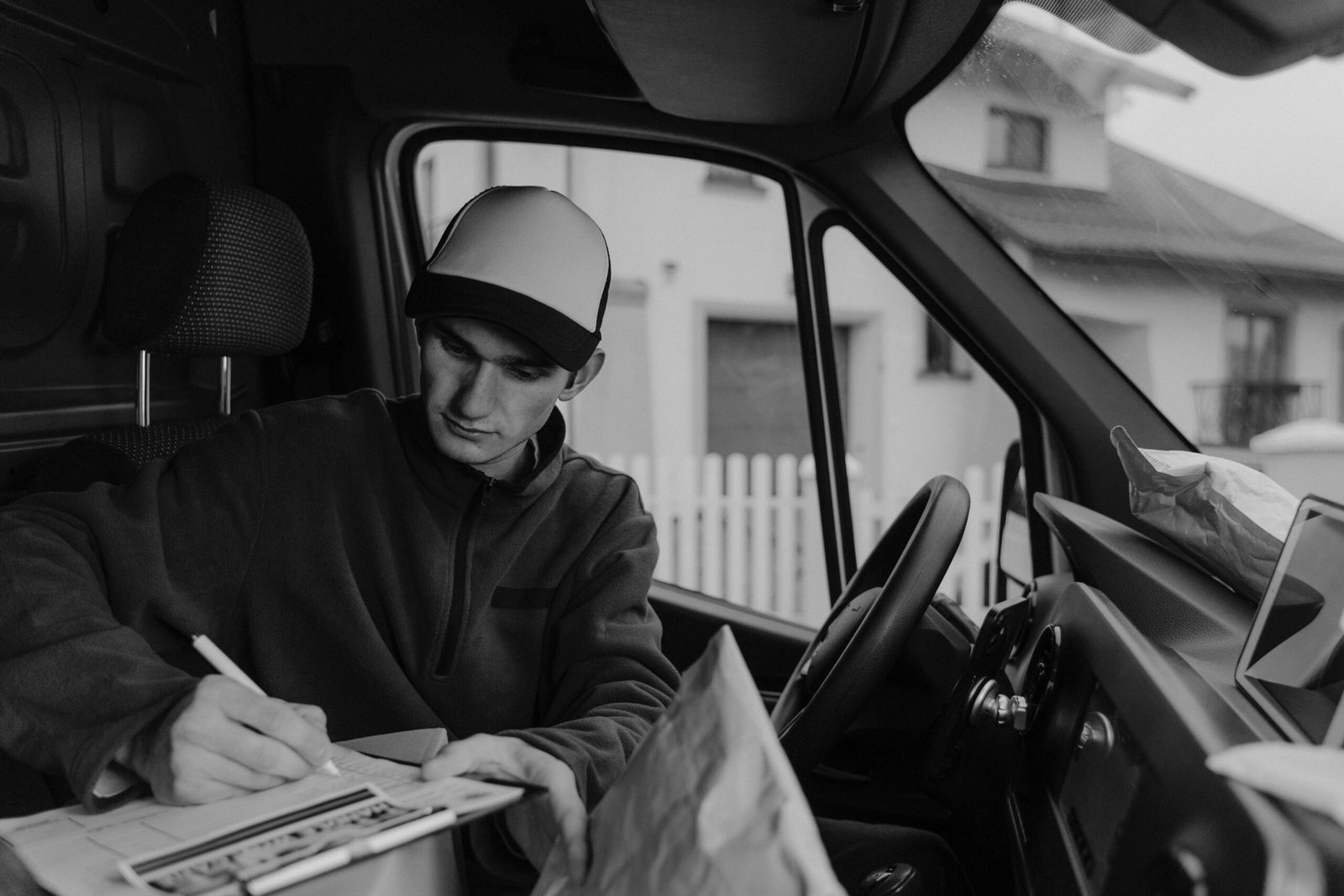 Black-and-white photo of a delivery driver organizing packages in a van.